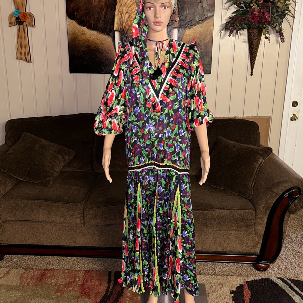 Diane Freis~Vintage • Large • Multi-Colors • Floral •W/ Ruffles & Tie Boho Dress - Picture 3 of 16